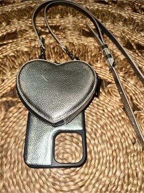 Bandolier iPhone 13 Pro Max Crossbody Case Silver Heart Coin Purse Strap